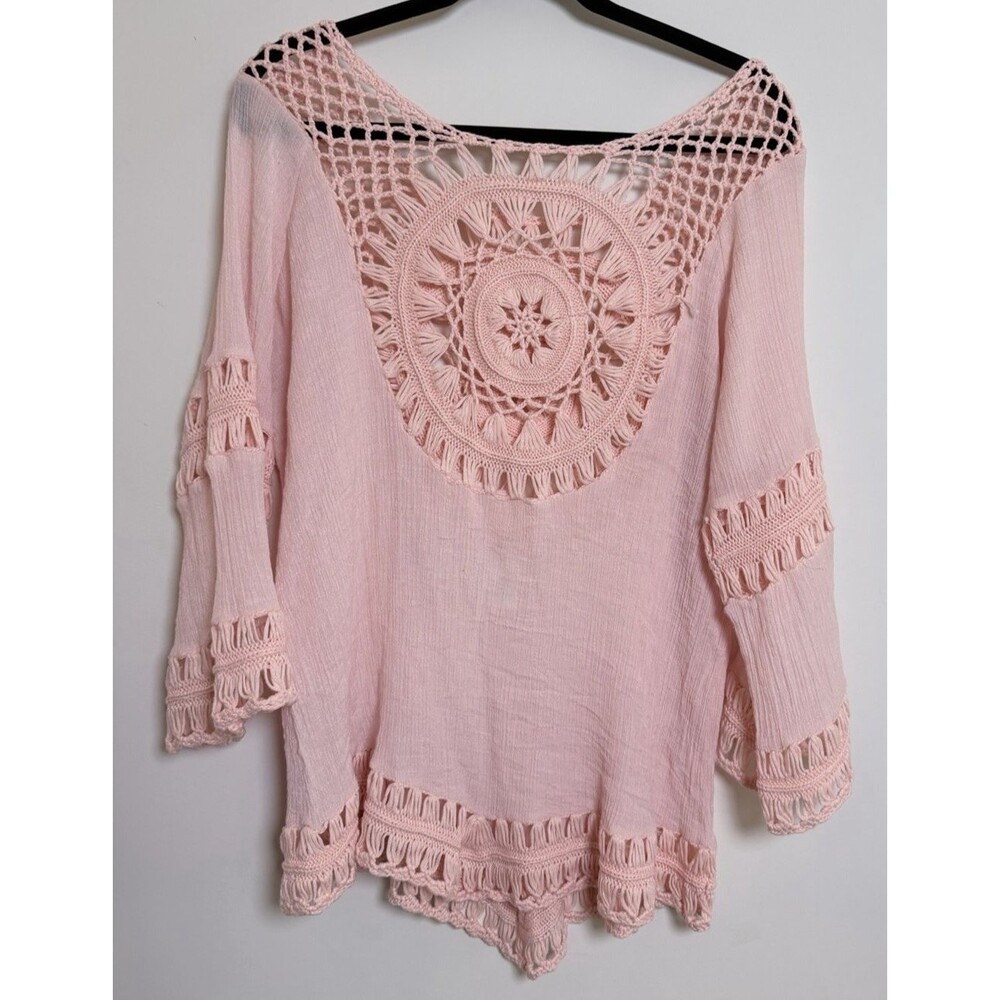 Forgotten Grace Womens 1X Blush Pink Crochet Tunic Top Boho Bell Sleeve Beach